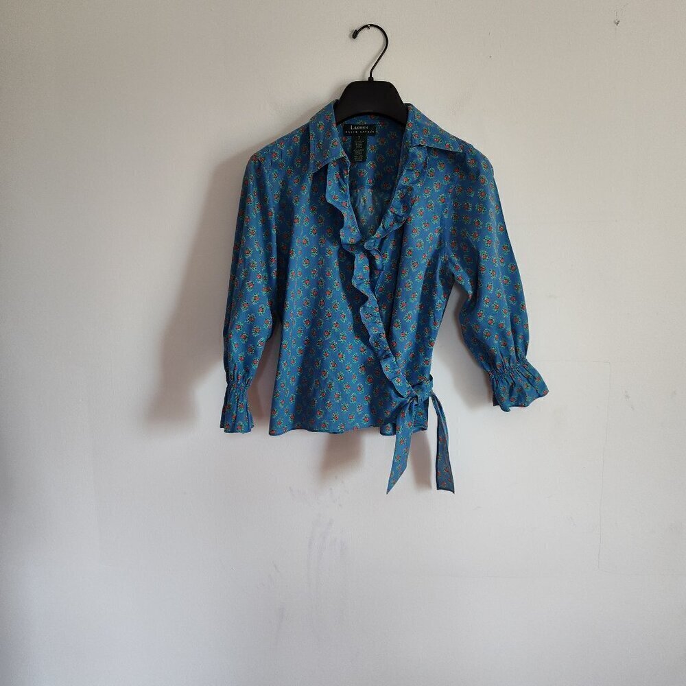 Ladies SZ S Lauren Ralph Lauren Blue Floral Cotton Blouse